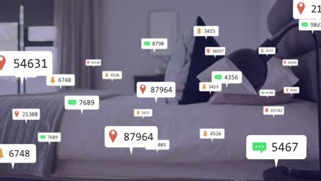 현대적인 침실 인테리어 디자인에 대한 위치 및 알림 아이콘을 애니메이션화합니다.