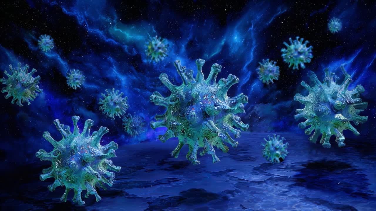 An Artistic Representation of Viruses Floating in a Cosmic Environment, Featuring Detailed Structures, Vibrant Colors, and an Engaging Background of Stars and Nebulae