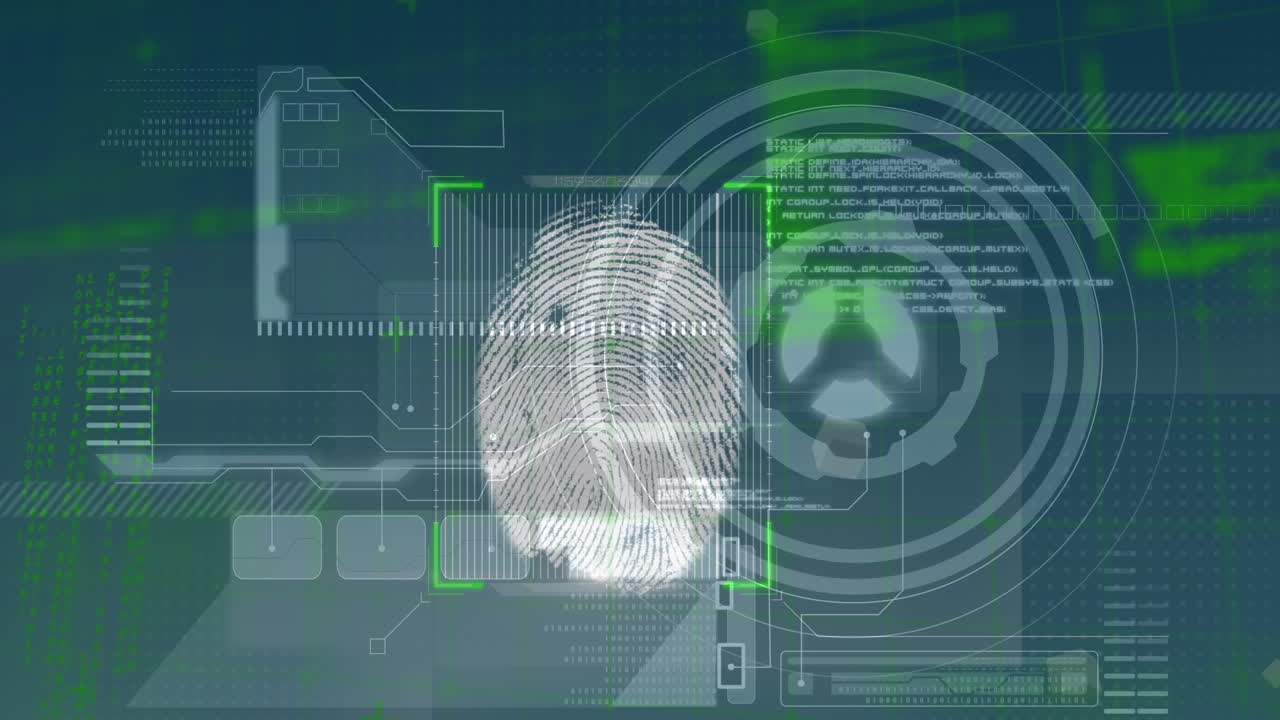 animación del escaneo de huellas dactilares sobre fondo azul con datos diversos
