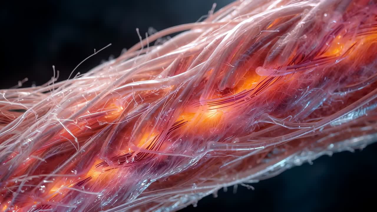 Treccia sintetica pulsante che passa dal magenta al blu sotto la luce dello studio, rivelando filamenti e nodi