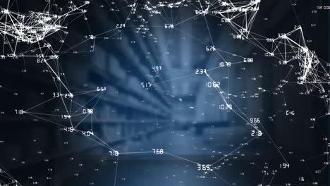 numbers over network of connections floating against warehouse in background