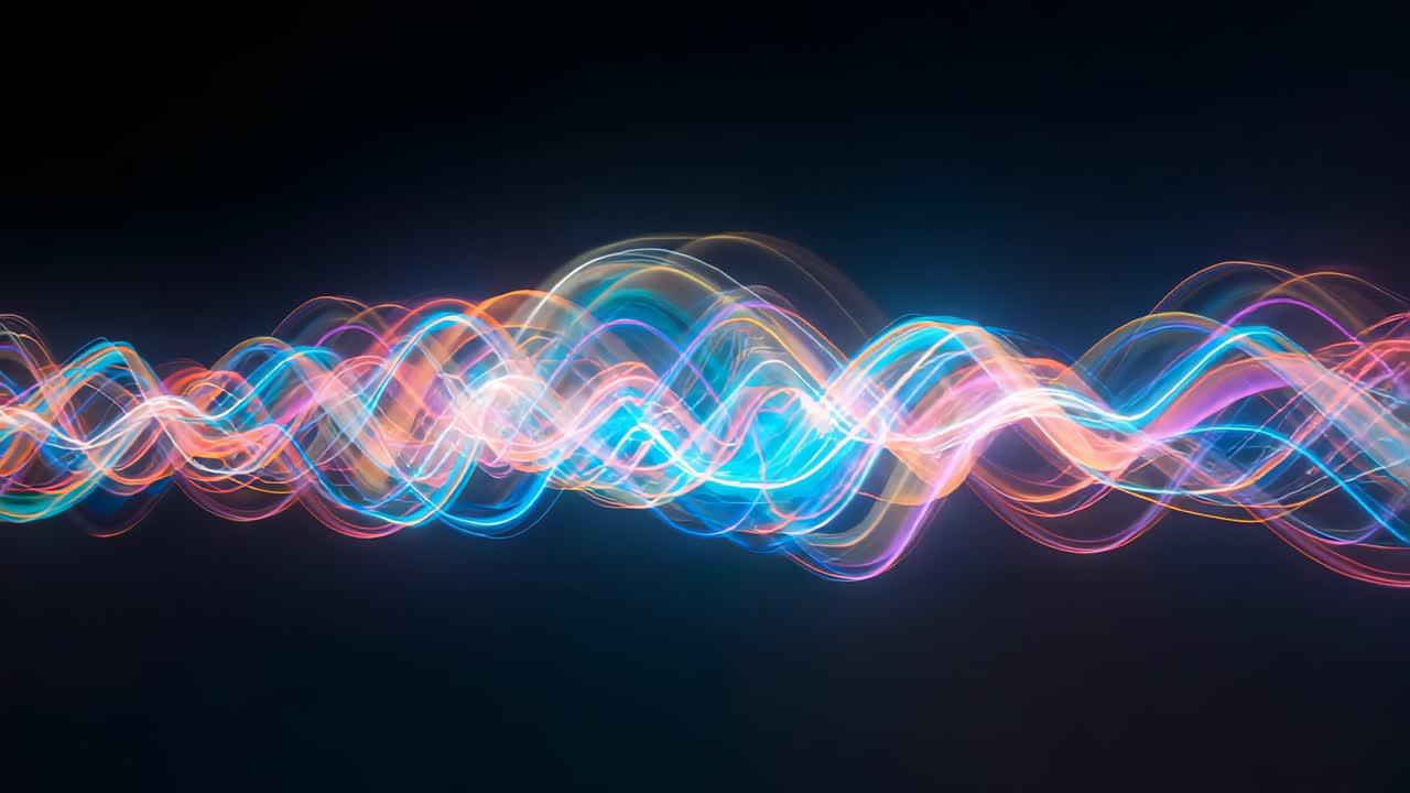 Materializing multicolored neon waveforms flowing across digital void, forming pulsing energy loop