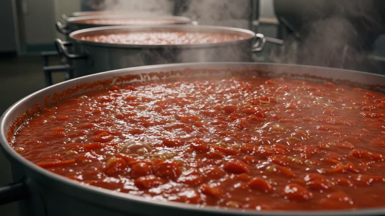 A Culinary Delight: Lush, Steaming Pots of Tomato Sauce Bubbling with Flavor and Fresh Ingredients in a Professional Kitchen Setting