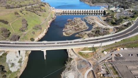 aerial footage of the nimbus dam on the american river near folsom, california