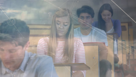 Animation-of-students-sitting-by-desks-over-a-web-of-connections,-data-processing-in-the-background.