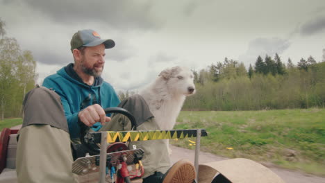 man and cute husky collie dog drive electric gokart down country road, front pov
