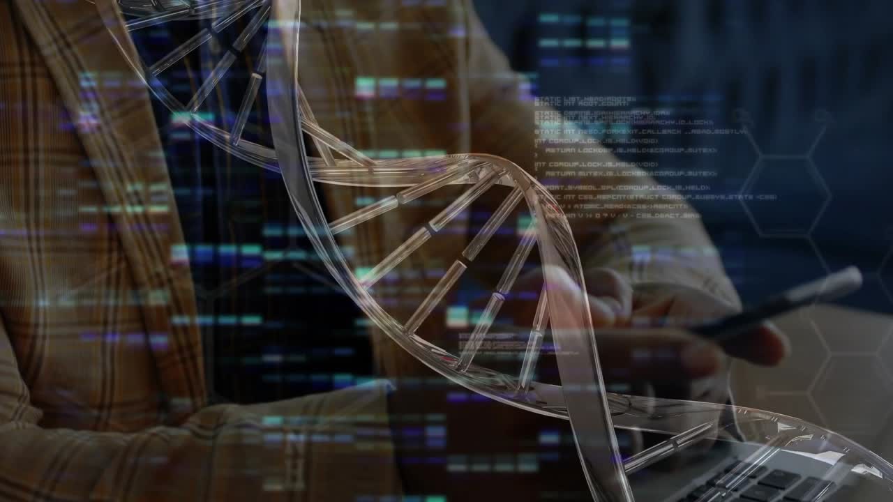 Camera focusing analyst checking laptop and phone with moving DNA helix guiding genomic analysis