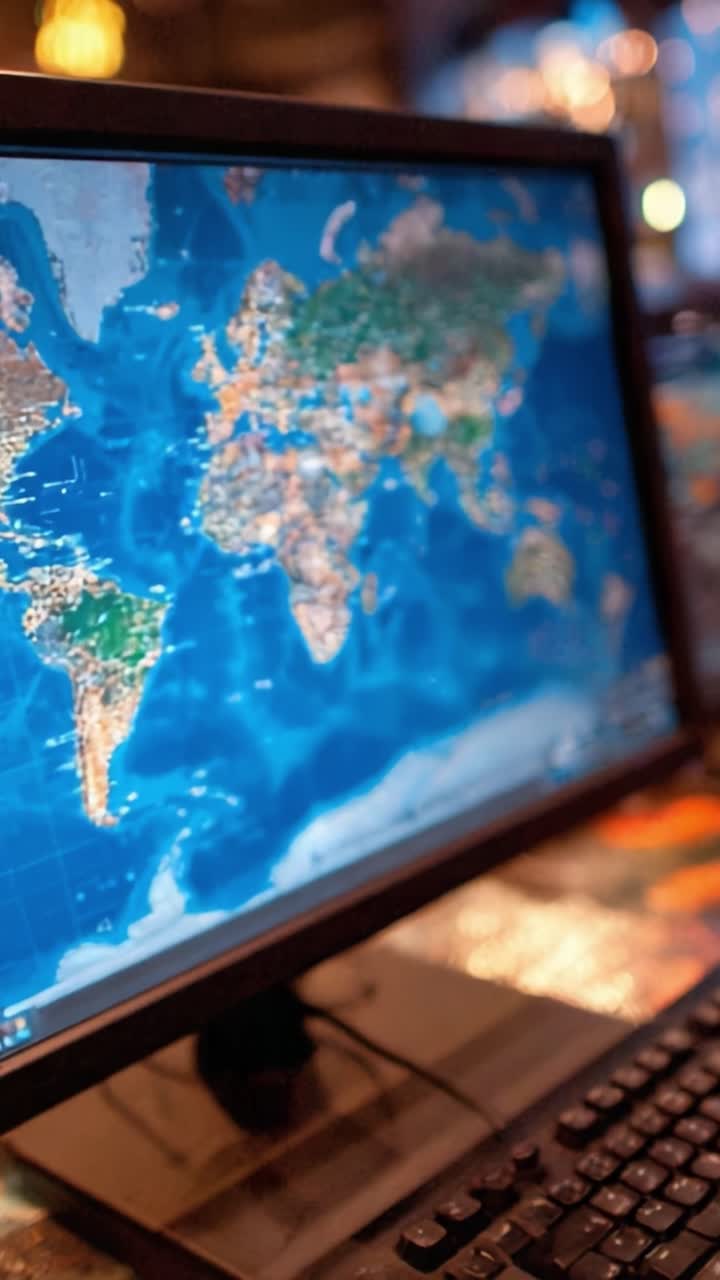 Detailed Global Map Display on a Computer Screen Showcasing Diverse Geographic Features and Locations Across the World with a Clear Perspective and Vivid Colors
