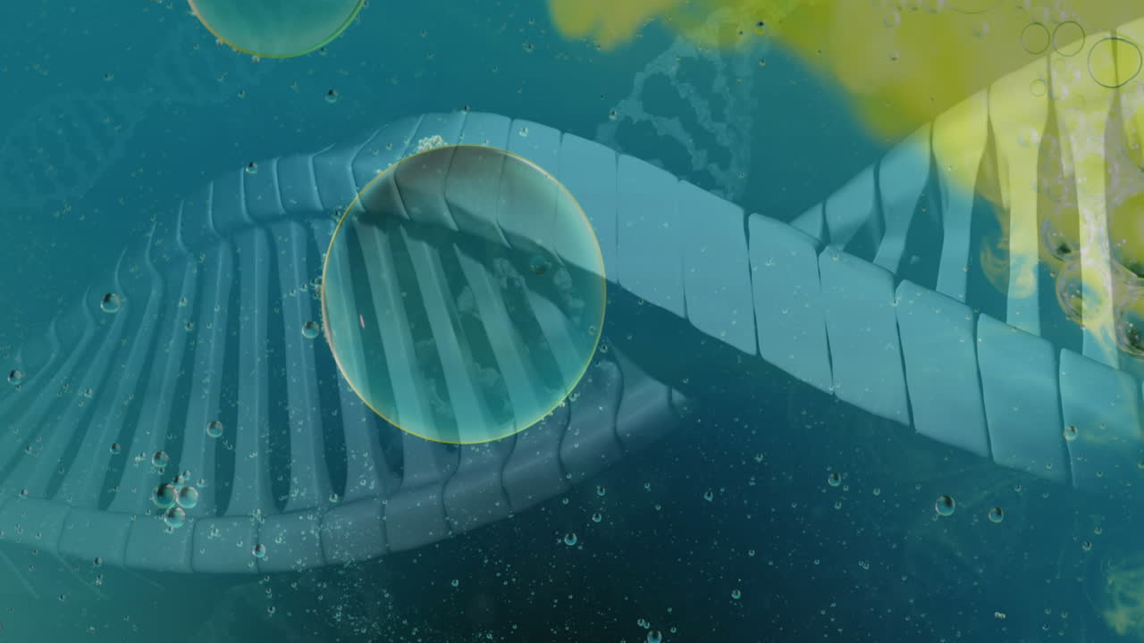 파란색 배경에 있는 dna 가닥 위의 거품의 애니메이션