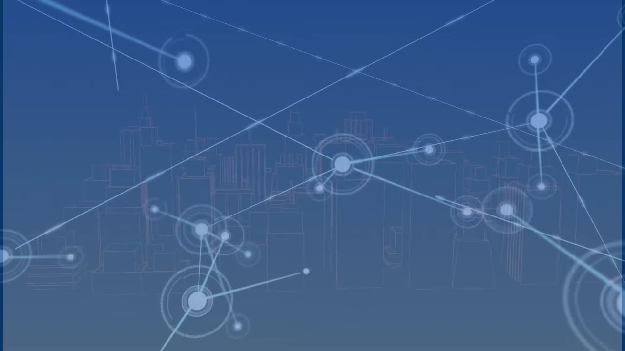 Animation of network of connections with spots over 3d cityscape on blue background
