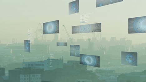 animation of data processing and scope scanning over cityscape