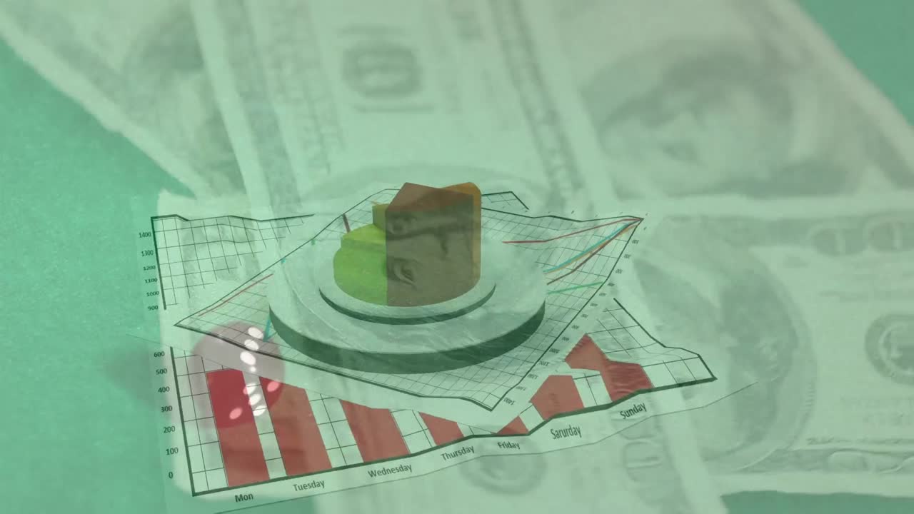 은행권과 주사위에 대한 데이터 처리의 애니메이션