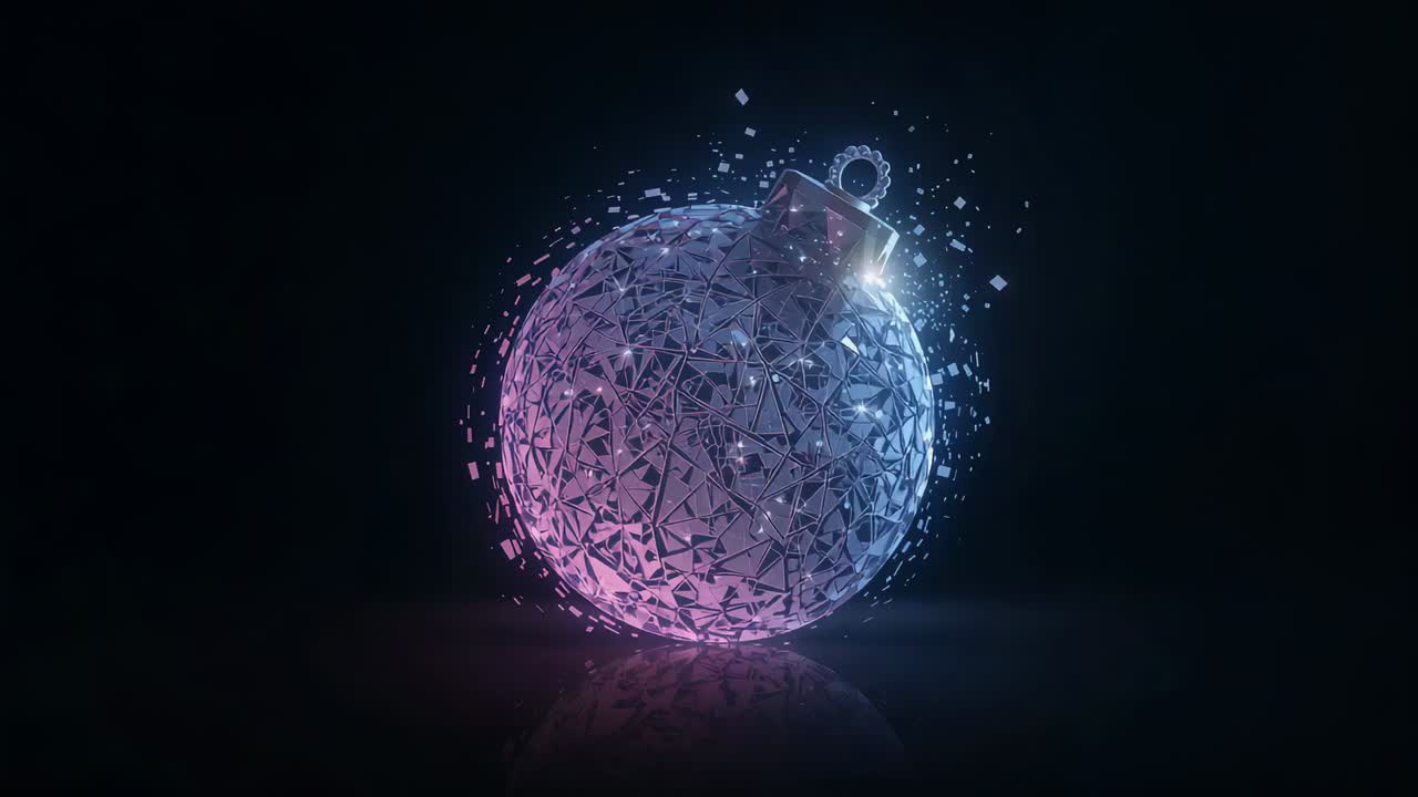 Rotating faceted ornament shedding particles on glossy studio floor, driven by shifting lights