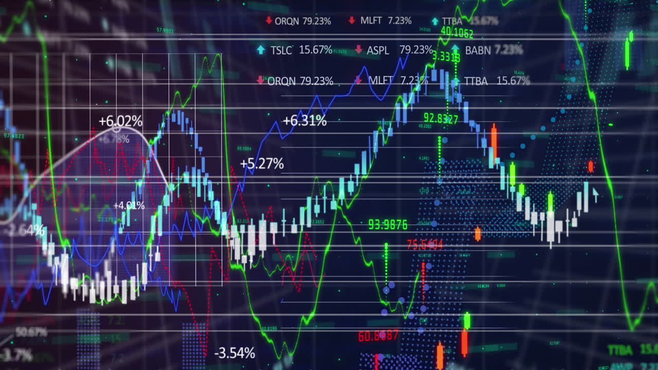 Animazione di elaborazione dati statistici e di mercato azionario contro uno sfondo blu.