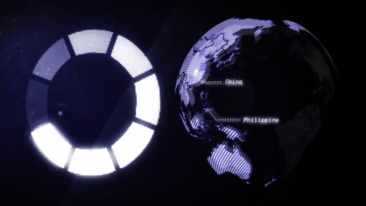 Animation of scope and globe with data processing over black background