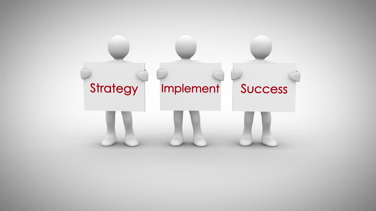 White characters showing signs saying strategy implement success