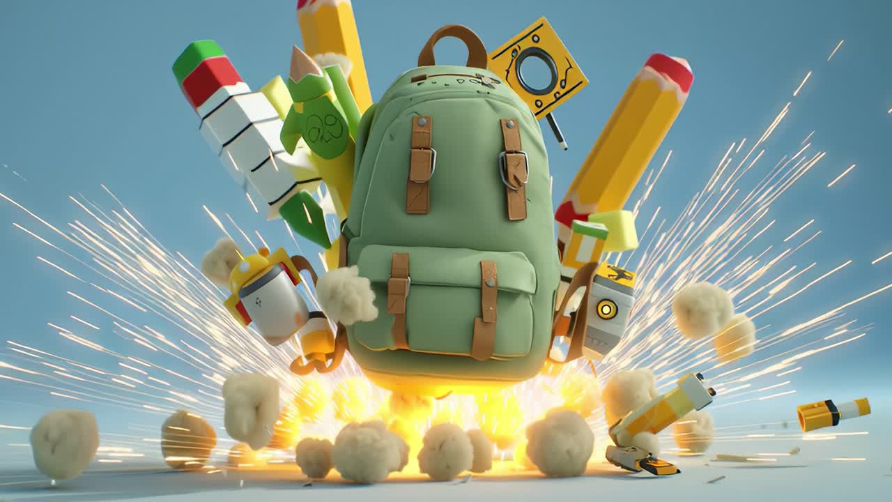 A Captivating Burst of Creativity: A Dynamic Green Backpack Surrounded by Colorful Art Supplies and Explosive Sparks, Celebrating the Joy of Learning and Artistic Expression