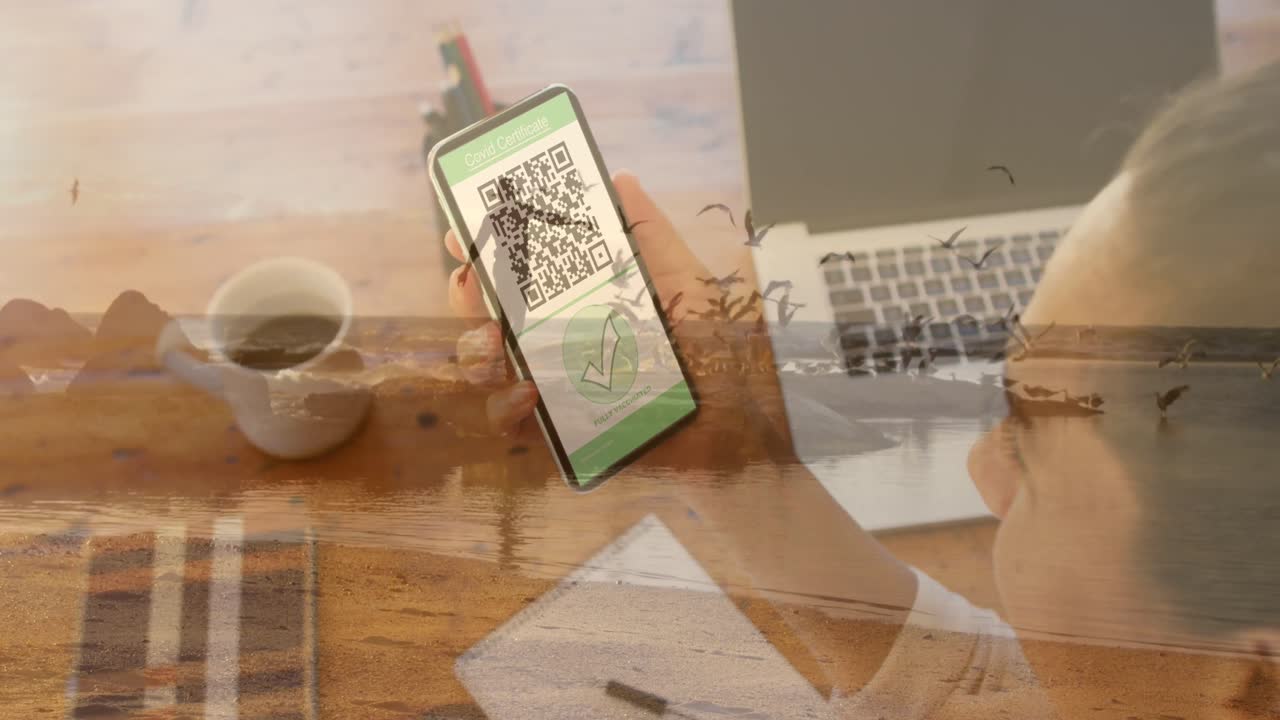 animación de una mujer que sostiene un teléfono inteligente con un pasaporte de vacunación contra la covid-19 sobre el paisaje