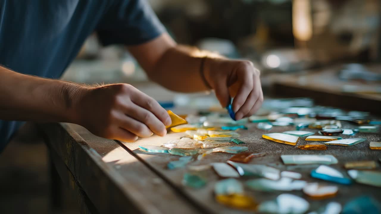 person arranging colorful broken glass pieces on table