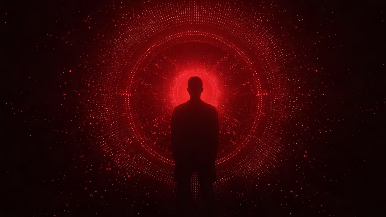 A Solemn Figure Stands Before a Circular Red Light in a Dark Environment, Creating an Ambience of Mystery and Intrigue, with Energetic Particles Densely Surrounding the Subject Highlighting Illumination