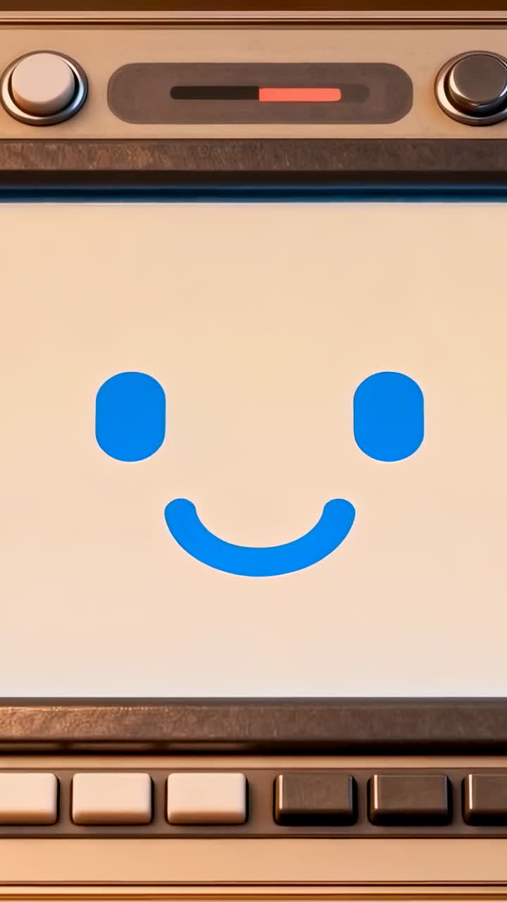 Video verticale: smiley blu centrato visualizzato sul pannello frontale, barra superiore che diventa rossa durante l'aggiornamento