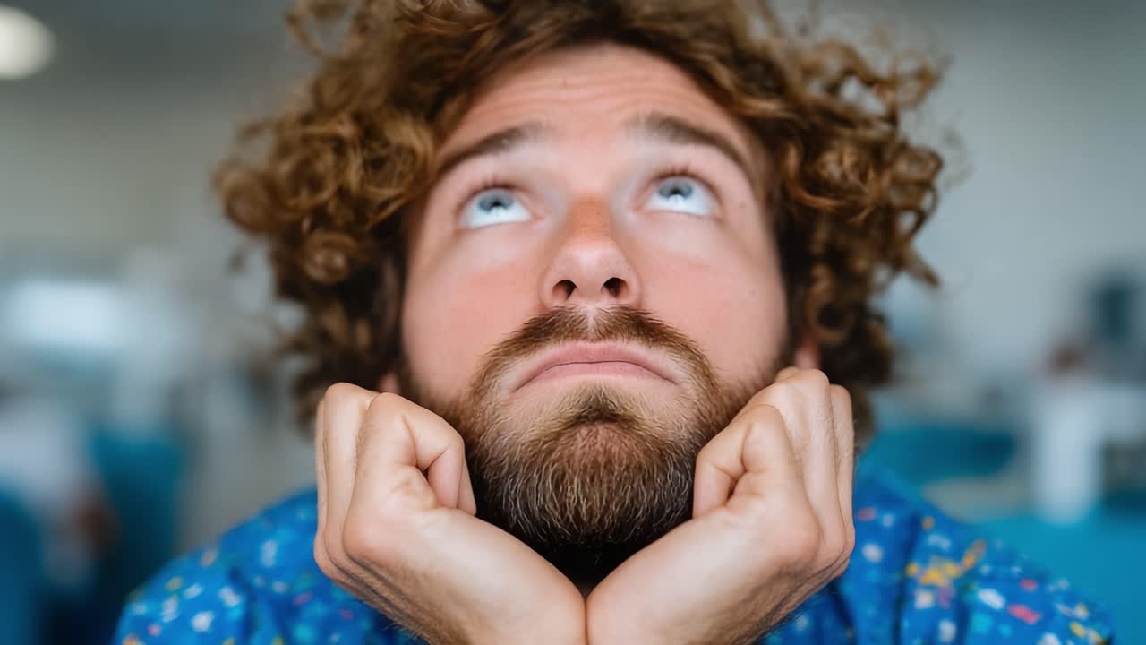 Um jovem reflete pensativamente com uma expressão compenetrada, personificando a curiosidade e a contemplação em um ambiente de escritório dinâmico.