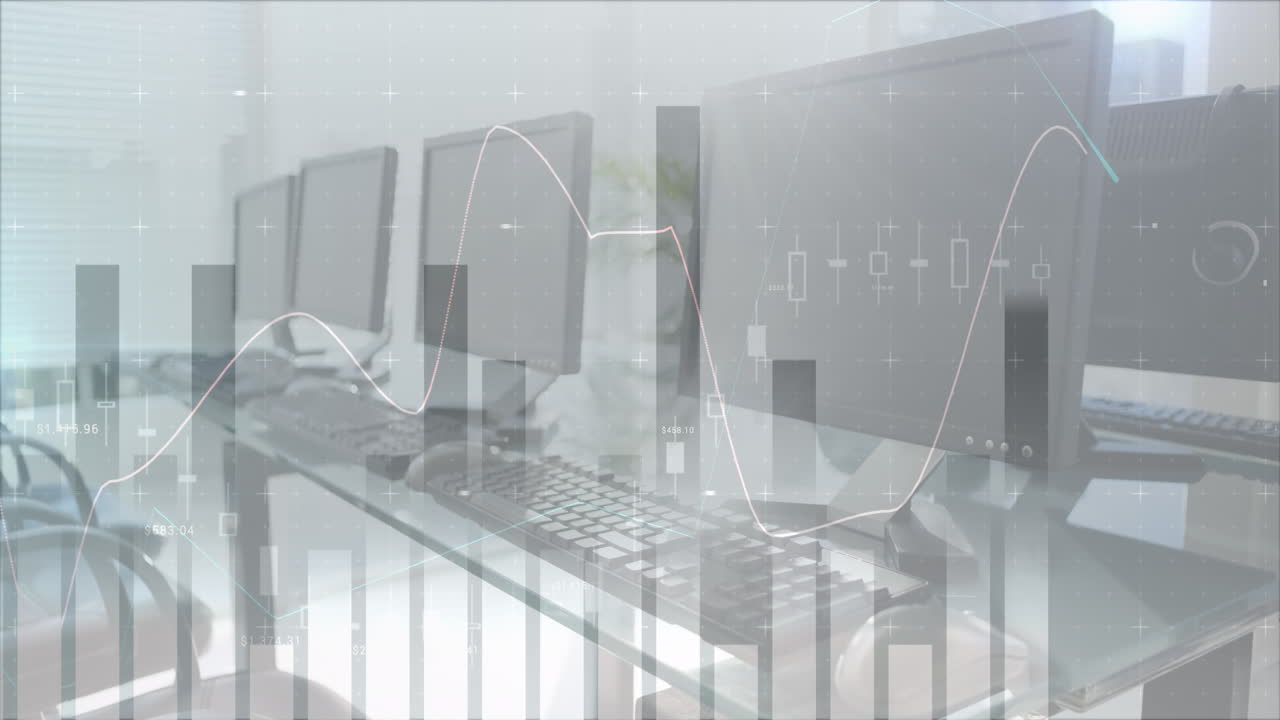컴퓨터로 비어있는 사무실에서 통계로 금융 데이터 처리의 애니메이션