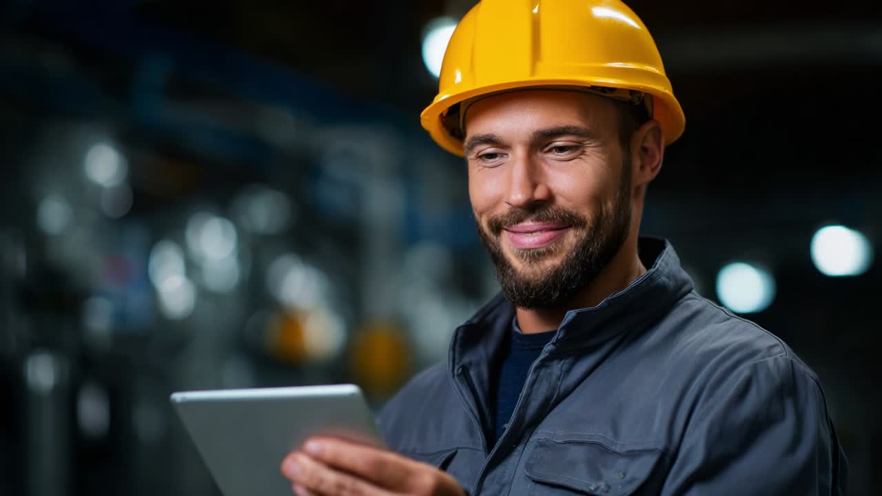 Um trabalhador da construção sorrindo, usando um capacete de segurança amarelo, olha para um tablet enquanto supervisiona as operações em um ambiente industrial, mostrando a união da tecnologia e do trabalho prático para maior eficiência