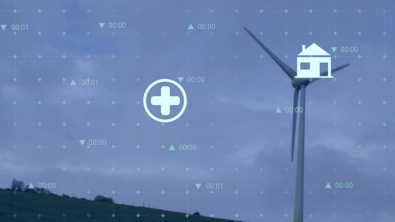Turbina eolica che ruota su una collina, con aggiornamenti del timecode che generano icone animate per mappare i servizi energetici