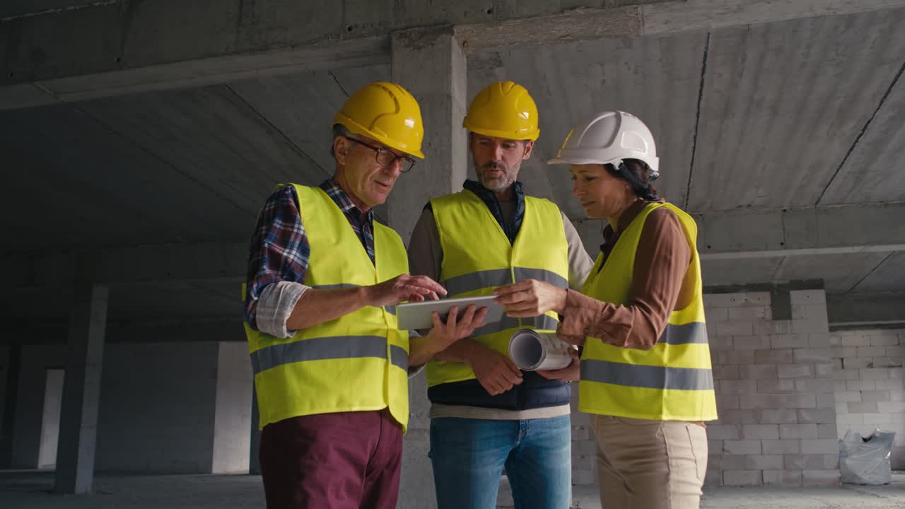 Zoom in video of three caucasian engineers discussing over digital tablet on the construction site.