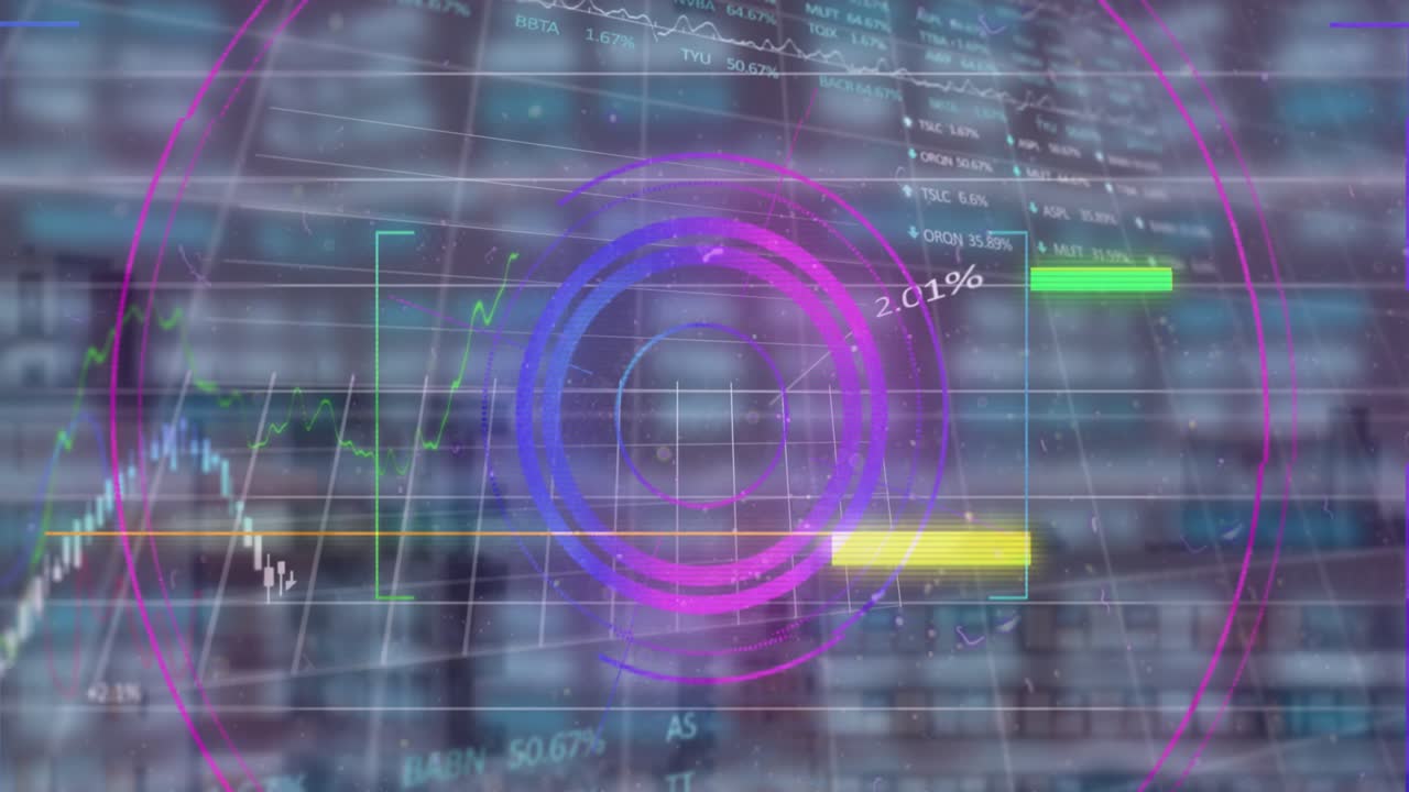 Animation of digital interface and data processing over cityscape