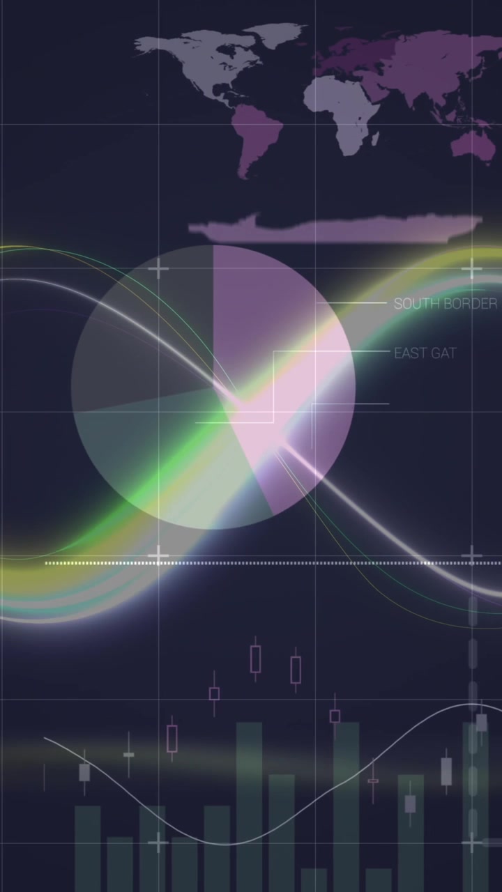 Animation of neon infinity shape over statistical data processing against black background