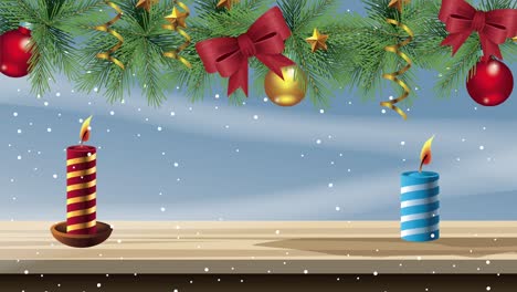 feliz tarjeta de navidad con bolas colgando y velas