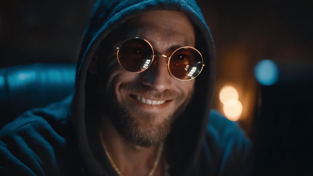 A Mysterious Individual with Sunglasses and a Hoodie Smiling Amidst Candles, Exuding Charisma and Intrigue in a Dimly Lit Environment