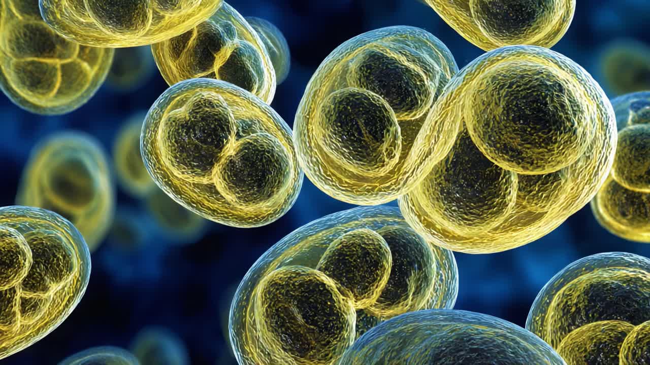 Vista ingrandita di vivaci cellule batteriche al microscopio, che mostra le loro intricate strutture e forme uniche in una straordinaria rappresentazione digitale
