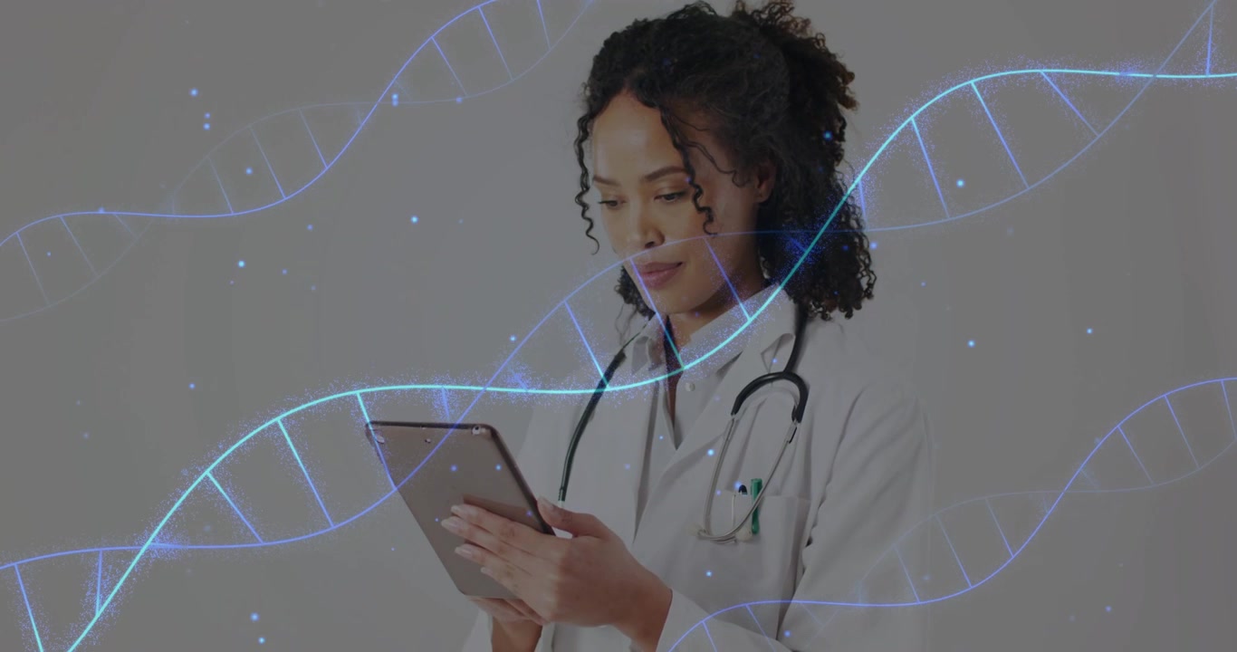 Physician tapping tablet reviewing genomic data, with animated DNA helix drifting around her