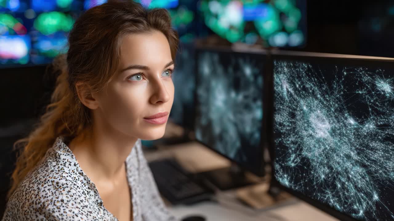 Focused Professional Analyzing Complex Data Patterns on High-Resolution Monitors in a Modern Work Environment with Advanced Visualization Technology