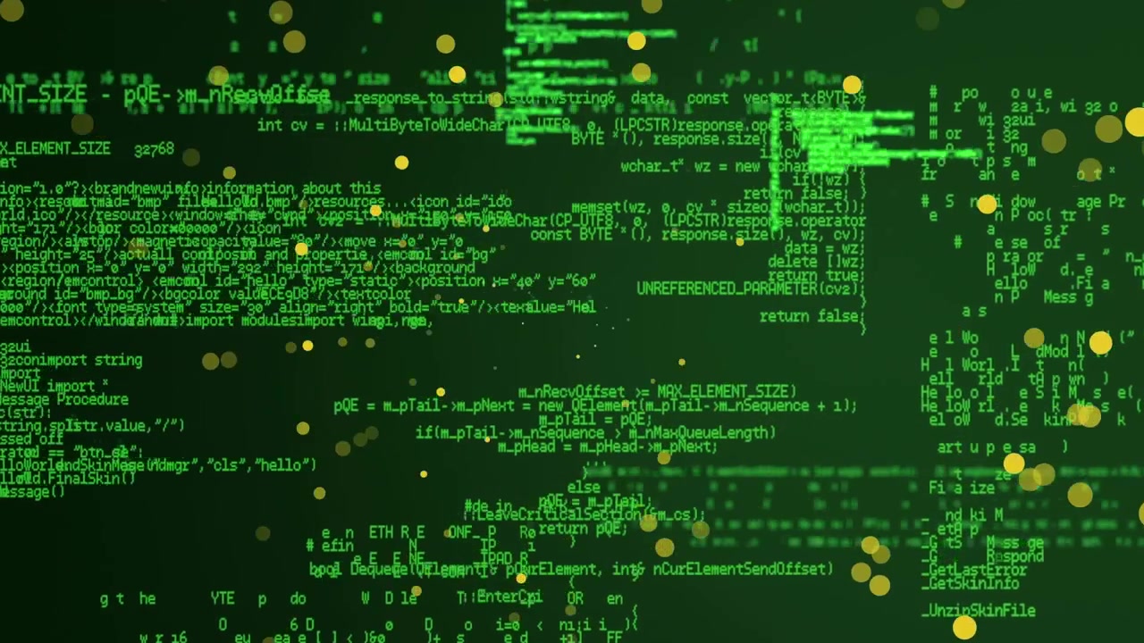 Animation af gule prikker og databehandling på en sort digital skærm