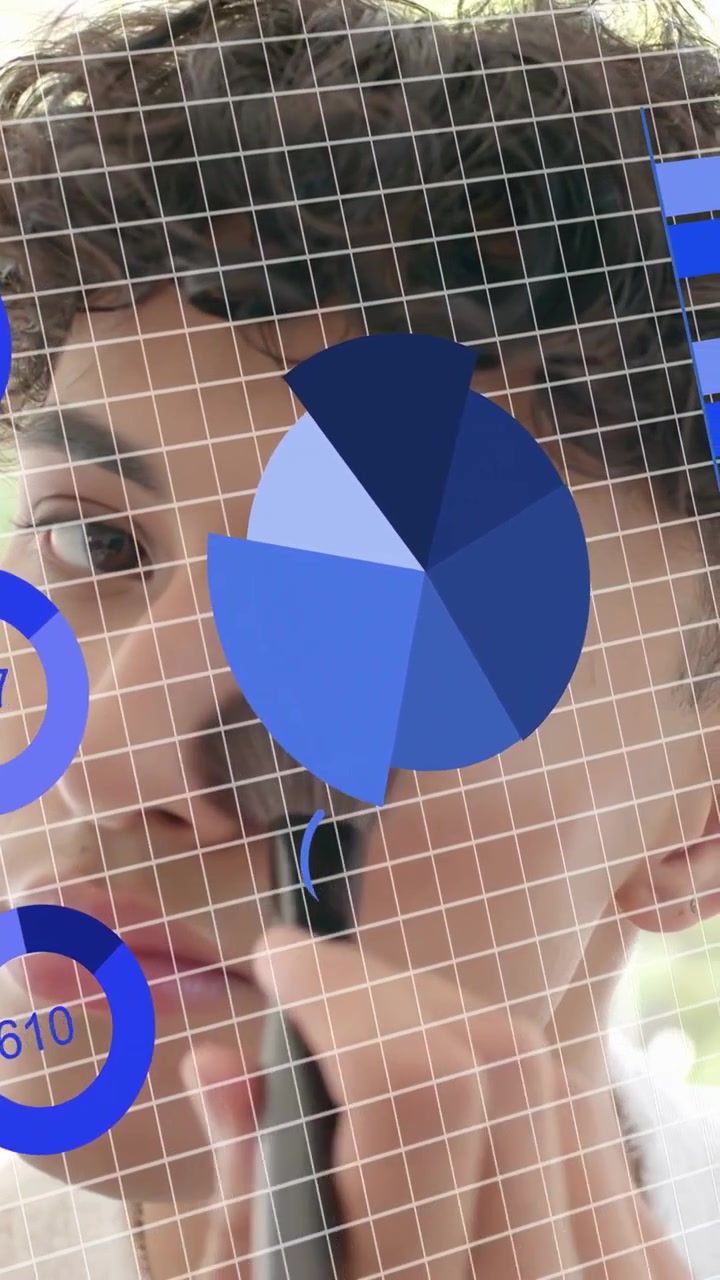 Video verticale: Uomo che porta un dito alla bocca, che avvia una griglia AR, grafici a torta e a barre per l'analisi.