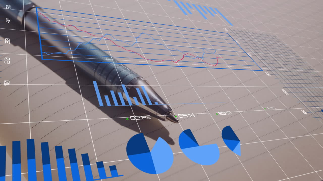 animación de múltiples gráficos y gráficos con números cambiantes en la cuadrícula sobre el bolígrafo en el escritorio de la oficina.