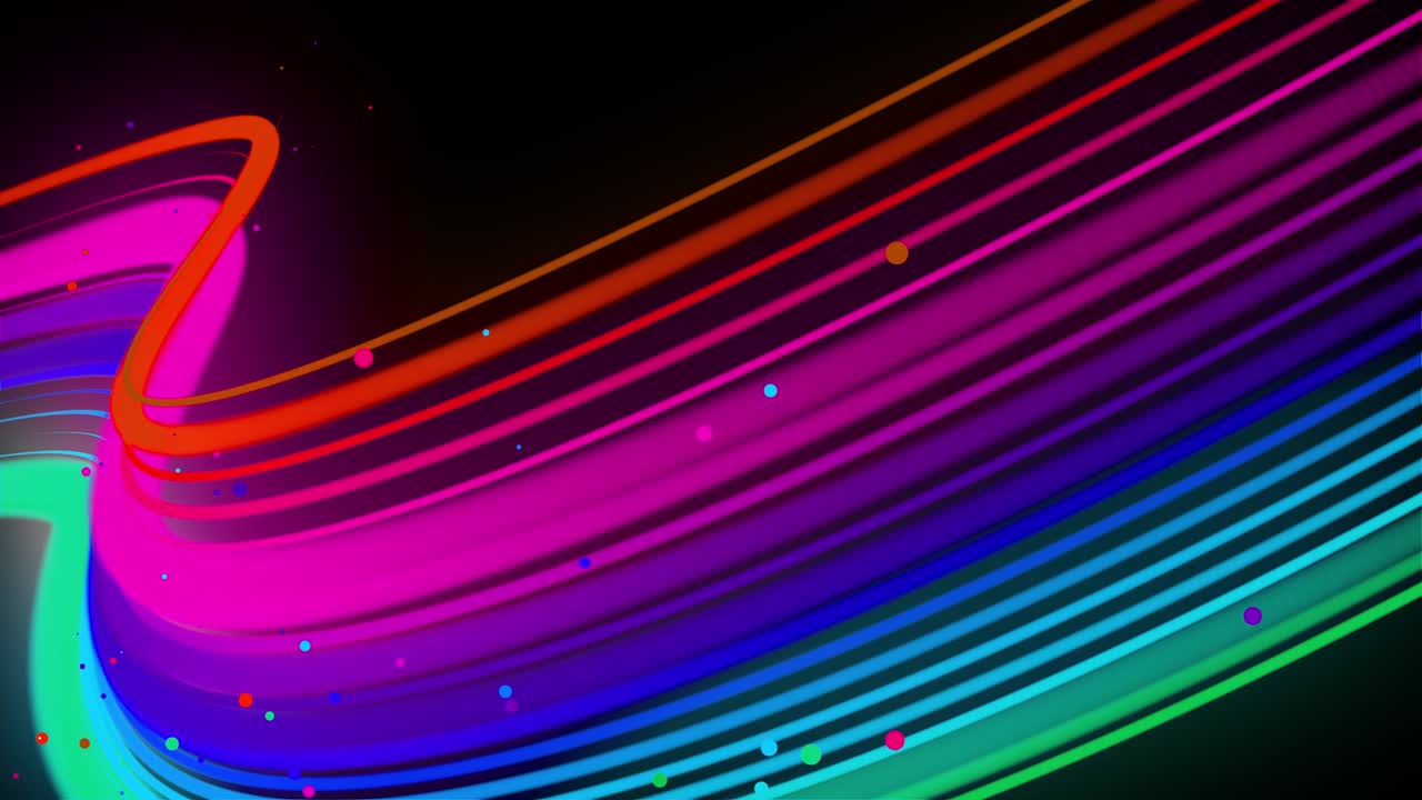 las líneas de neón multicolores se balancean en el aire, oscilando suavemente y ondulando. las líneas cambian de color cíclicamente formando luces de funcionamiento. fondo de 4k en bucle abstracto, luma mate como canal alfa