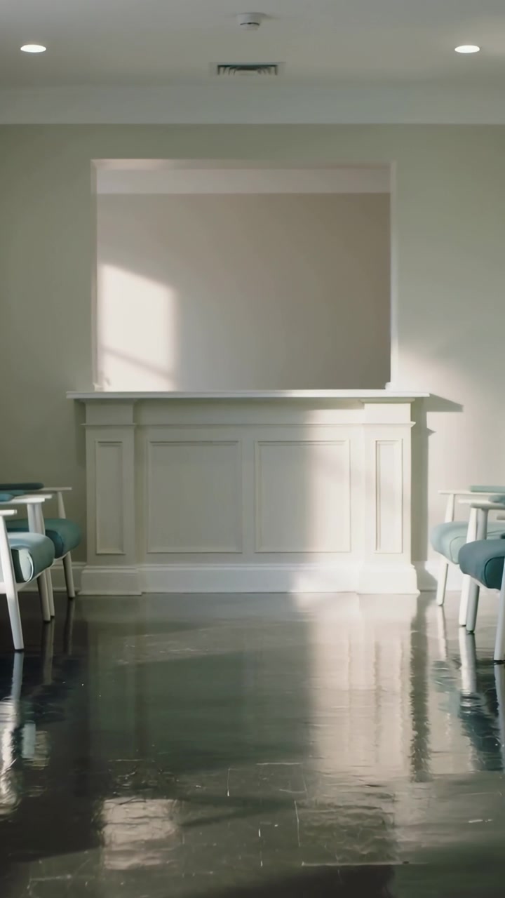 Video verticale: Riprese di un bancone bianco nella hall che riflette il movimento del sole con il sole che si sposta, sedili color verde acqua