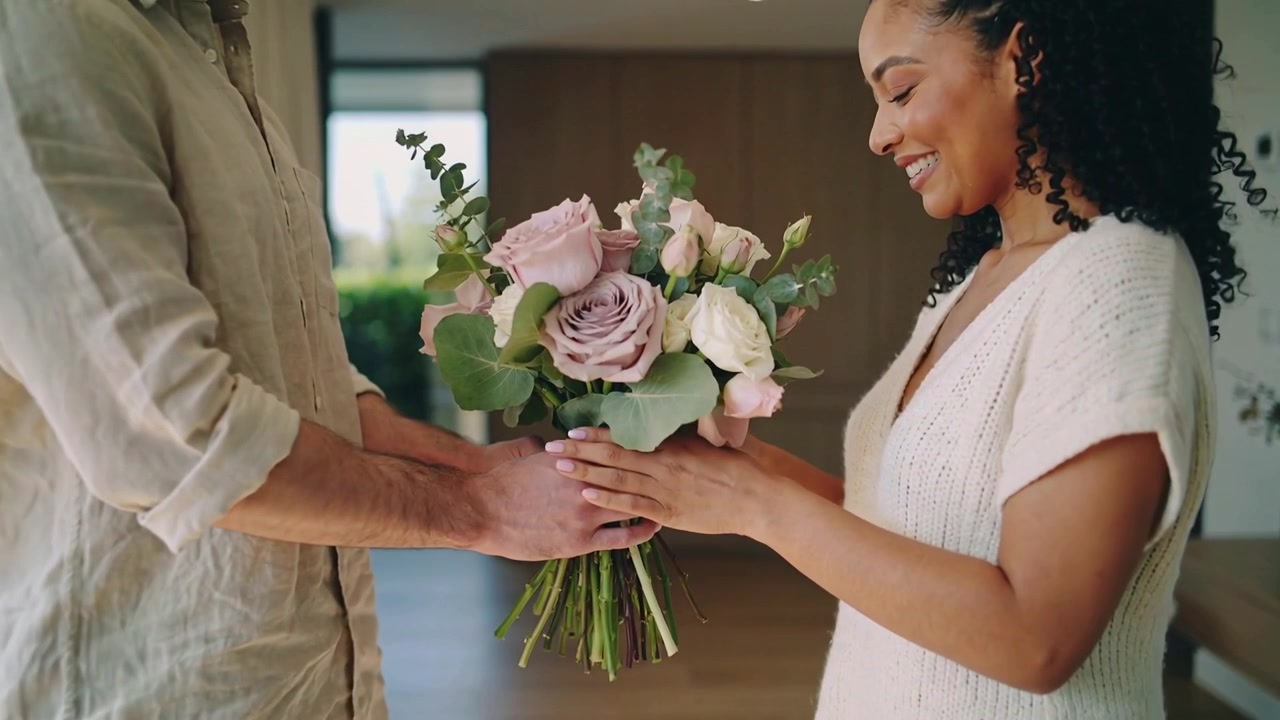 Uomo che entra con una camicia beige, presentando un bouquet a una donna in abito chiaro a casa, condividendo affetto.