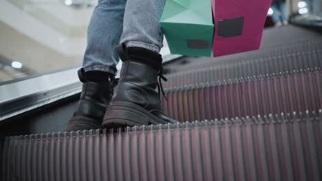 close up of a boot paired with jeans on a moving escalator, with blurred figures of people ahead, capturing a moment of everyday urban life