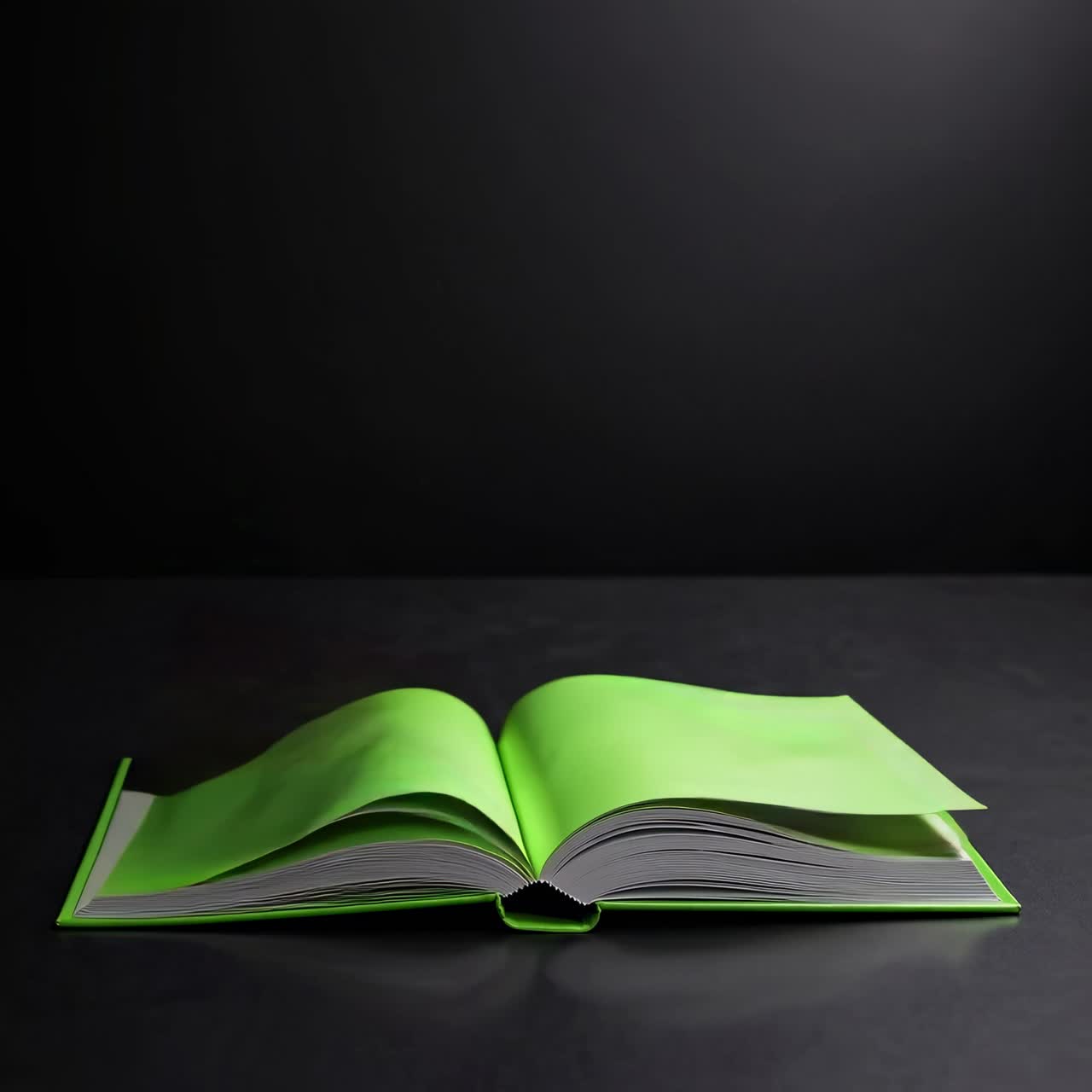 A video still of an open book with green pages on a dark surface. Shot from a low angle
