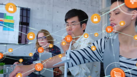 animation of network fo connections over diverse business people in office