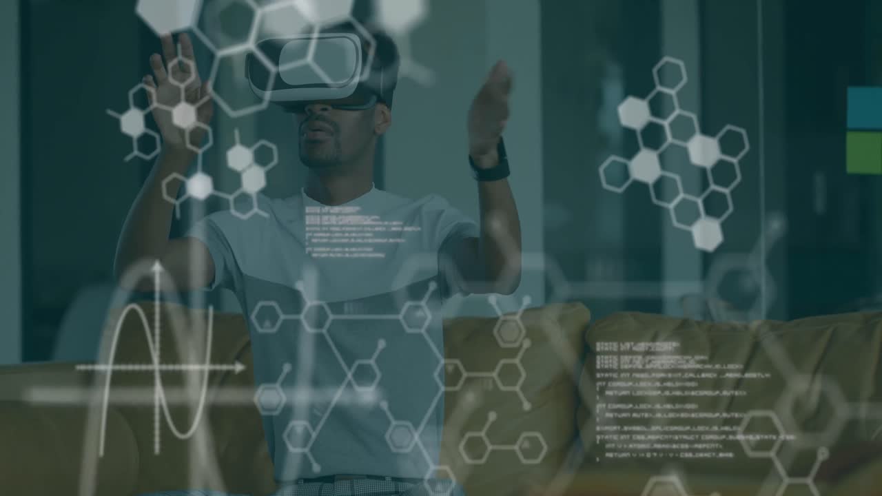 Animation of chemical compounds and medical data processing over man wearing vr headset