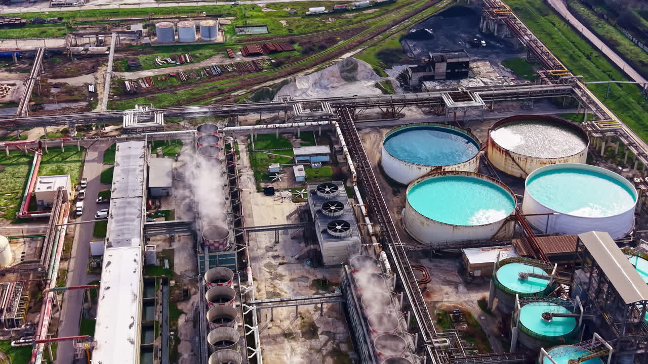 Large industrial facility with cooling towers and water tanks seen from above on a clear sunny day