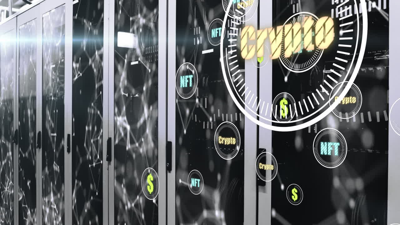 animación de nft y crypto en círculos sobre los servidores