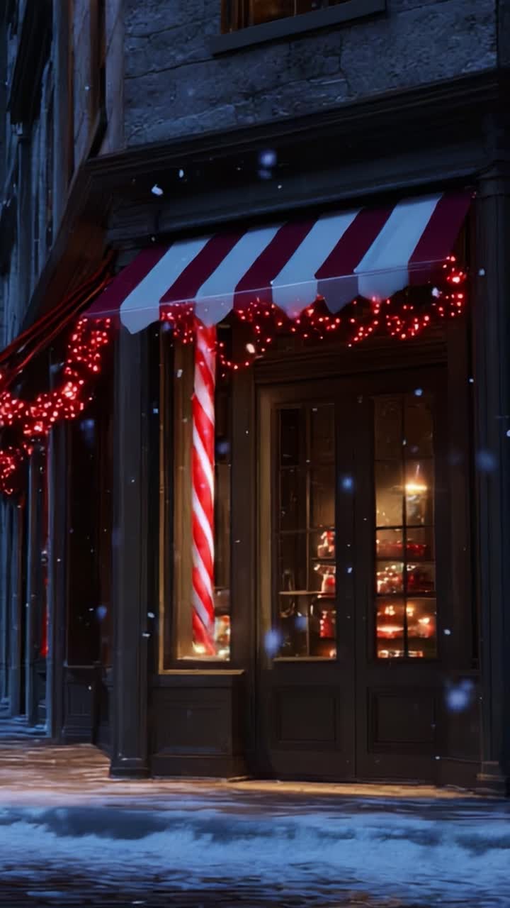 Un'incantevole scena di festa con una facciata di negozio accogliente, abbellita da stravaganti baldacchini a strisce bianche e rosse, luminose luci decorative e una dolce immagine di caramelle alla menta piperita, che emana calore e allegria festosa